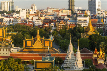The throne hall inside the royal palace and new skyscraper in Phnom Penh, Cambodia