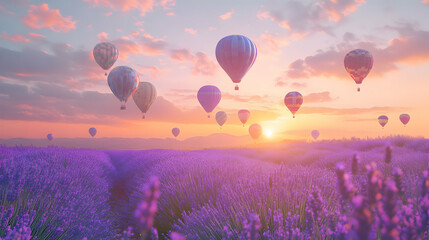 Fototapeta premium Hot Air Balloons over Lavender Field at Sunset