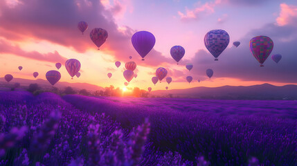 Fototapeta premium Hot Air Balloons over Lavender Field at Sunset