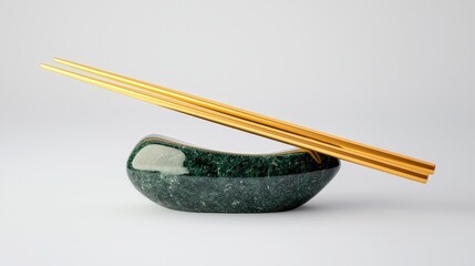 Pair of golden chopsticks resting on a jade holder, white backdrop