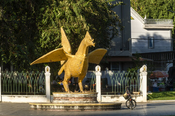 statue of Hang Meas, the sacred golden bird, in Wat Botum park, south of the Royal Palace, Phnom...