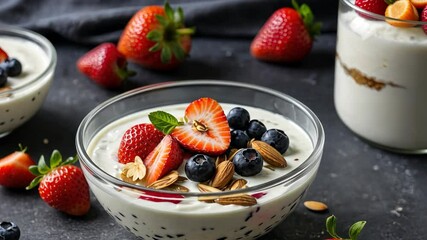 Video footage of bowl of yogurt topped with fresh strawberries, blueberries, almonds, and mint leaves, set against a dark background