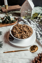 Christmas Kutia Ukrainian Christmas holiday dish, wheat with honey, poppy seeds, raisins, dessert, Scandinavian style, ethnic dishes