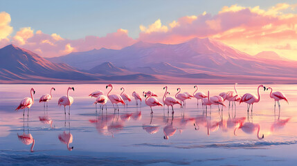 Fototapeta premium Majestic Flamingos at Sunset: A Serene Landscape