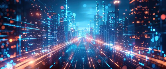 Obraz premium Cityscape with Glowing Lines and Abstract Lights