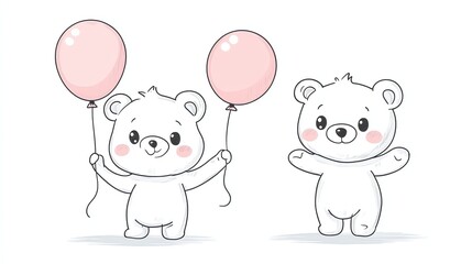 Obraz premium Two cute cartoon teddy bears, one holding balloons.