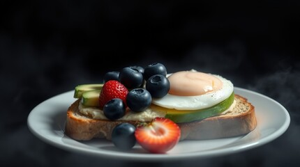 A vibrant breakfast toast topped with avocado slices, a sunny-side-up egg, blueberries, and strawberries, served on a white plate