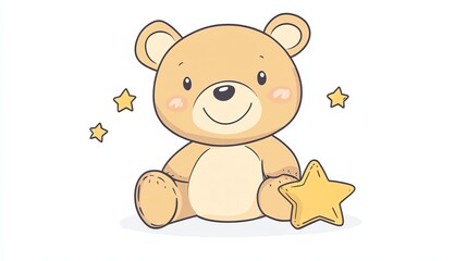 Fototapeta premium A cute cartoon teddy bear holding a yellow star.