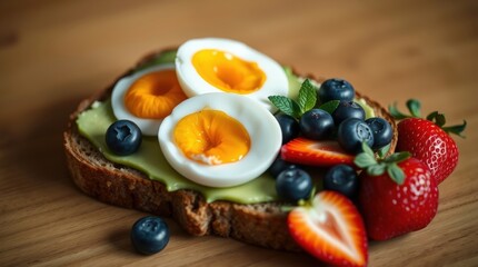 A vibrant breakfast toast topped with avocado slices, a sunny-side-up egg, blueberries, and strawberries, served on a white plate