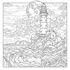 Lighthouse in the ocean and full moon.Coloring book antistress for children and adults. 