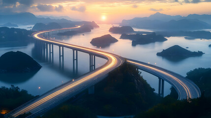 Obraz premium Stunning Sunset Landscape: Serpentine Bridge Over Islands