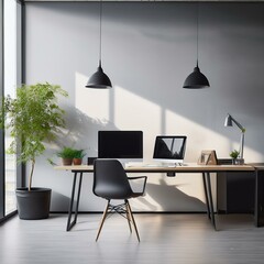 Minimalistic interior office with computers on desk - Interior with desk