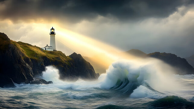 Lighthouse withstanding the storm: A dramatic coastal scene