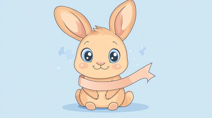 Obraz premium A cute cartoon bunny with big blue eyes, wearing a pink ribbon, on a light blue background.