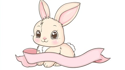 Obraz premium A cute cartoon bunny with big eyes, sitting with a pink ribbon behind it.