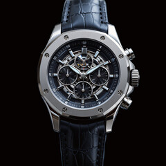 A premium wristwatch with a polished silver casing, black leather strap, and an intricate chronograph dial, displayed on a transparent background.