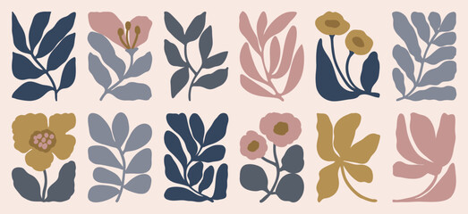 Botanical doodle background art vector set. Flower and leaves abstract shape doodle art design for print, wallpaper, clipart, wall art for home decoration.