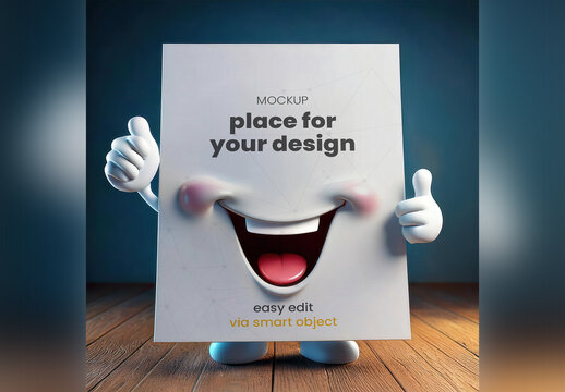 Page Like Character Thumbs Up Mockup with Happy Face