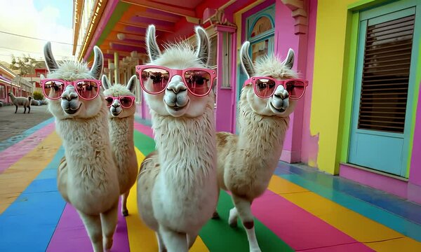 A group of playful llamas wear pink sunglasses standing on a colorful rainbow-striped surface 