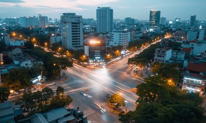 Obraz premium Aerial view of a bustling city intersection at dusk.