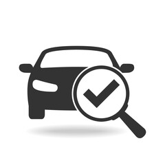 Magnifier glass on car graphic icon. Sign isolated on white background. Symbol of car searching and selection. Vector illustration