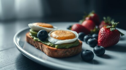 A vibrant breakfast toast topped with avocado slices, a sunny-side-up egg, blueberries, and strawberries, served on a white plate