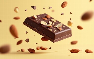 Fototapeta premium A block of chocolate with almonds levitating mid-air with nuts scattered, on a pastel yellow background