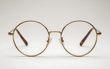 Fototapeta premium Round gold metal frame eyeglasses with clear lenses on white background.