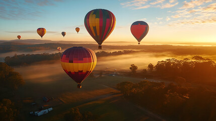 Naklejka premium Colorful Hot Air Balloons Soaring Over Misty Sunrise Landscape