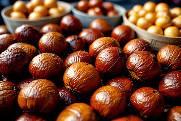 Roasted chestnuts on a market stall in Barcelona, Spain