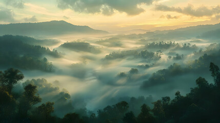 Fototapeta premium Misty Sunrise in Mountain Forest: Breathtaking Aerial View