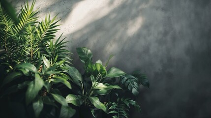 Obraz premium Lush green plants against a textured wall illuminated by soft natural light in a serene space