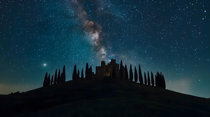 Naklejka premium Majestic Castle Silhouette under the Milky Way