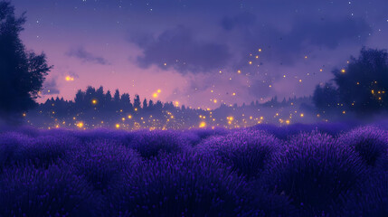 Naklejka premium Fireflies Dance Over Lavender Field at Twilight