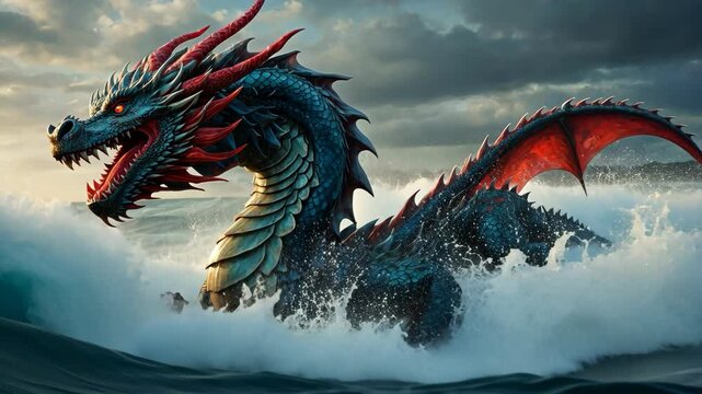 Video footage of majestic, fierce dragon with blue scales and red accents emerges from the ocean waves under a stormy sky, showcasing its power and grandeur