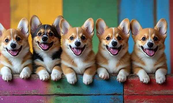 A group of playful corgis dog standing on a colorful rainbow-striped surface 