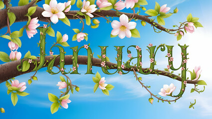 Text January Made with Snowy Plant Branches, Leaves and Flowers Against Blue Sky Background, January is First Month of Year, Generative Ai