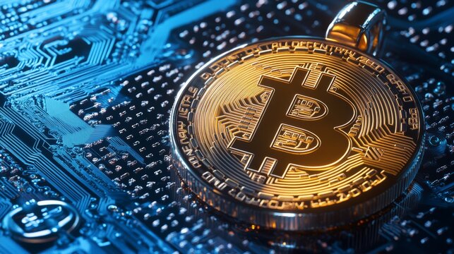 Golden Bitcoin Coin on Circuit Board Background