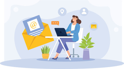 An illustration showcasing email marketing and online communication, featuring a digital workspace with email campaigns being crafted, sent, and tracked