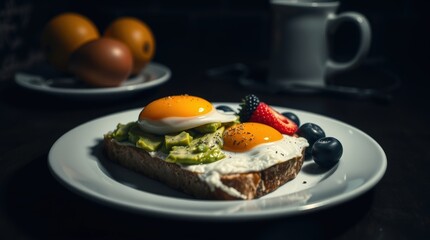 A vibrant breakfast toast topped with avocado slices, a sunny-side-up egg, blueberries, and strawberries, served on a white plate