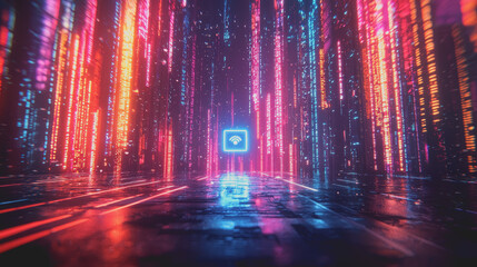 Futuristic Cityscape Illuminated by Vibrant Neon Lights at Night Creating a Dynamic Urban Atmosphere with Skyscrapers and Modern Architecture Reflecting a High-Tech Vision of the Future