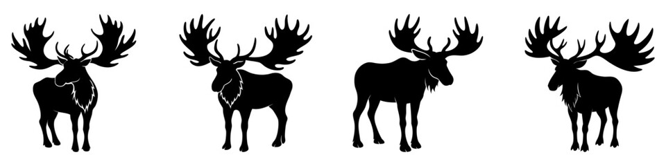 North reindeer. Set of black silhouettes of a Christmas deer with antlers. Vector illustration