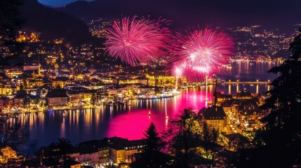 Fototapeta premium Panoramic Night View of Classic Lakeside City with Pink Neon Fireworks - Photo-Realistic Urban Landscape