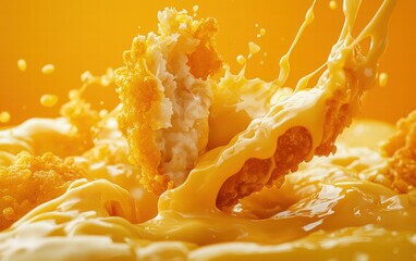 A dynamic close-up of a nugget being dipped into cheese sauce, on a warm orange background