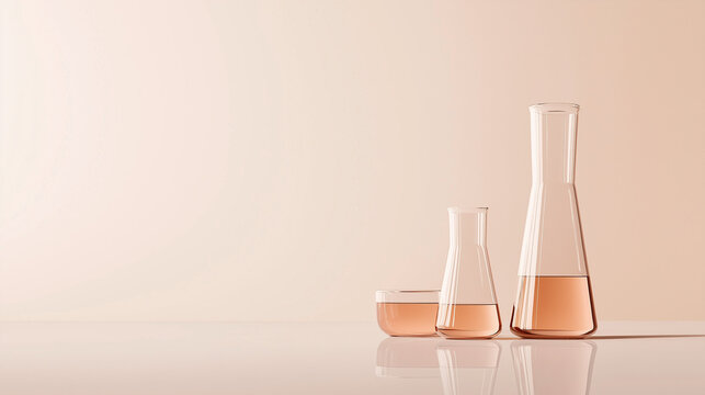 Amber liquid in laboratory flasks on a clean beige background
