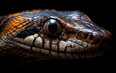 Fototapeta premium Close-up of a snake's head, showcasing intricate scales and eye detail against a black background.