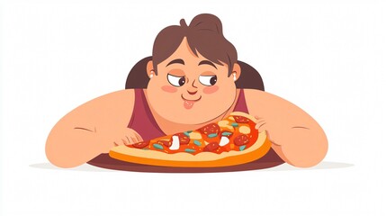 Healthy Lifestyle Choices: Woman Enjoying Delicious Pizza Vector Illustration