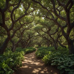 Fototapeta premium A lush forest path lined with fig and citrus trees.