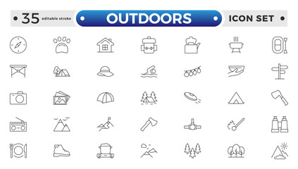 Outdoors outline icon set .The set includes a Camping, Hiking, Compass, Mountain, Fishing, Tourism, Carabiner, Climbing, Kayak, Map, Flashlight, Picnic, Bench, Bicycle. Editable stroke outline icon.