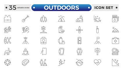 Outdoors outline icon set .The set includes a Camping, Hiking, Compass, Mountain, Fishing, Tourism, Carabiner, Climbing, Kayak, Map, Flashlight, Picnic, Bench, Bicycle. Editable stroke outline icon.